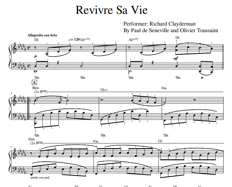 Richard Clayderman - Revivre Sa Vie sheet music for piano